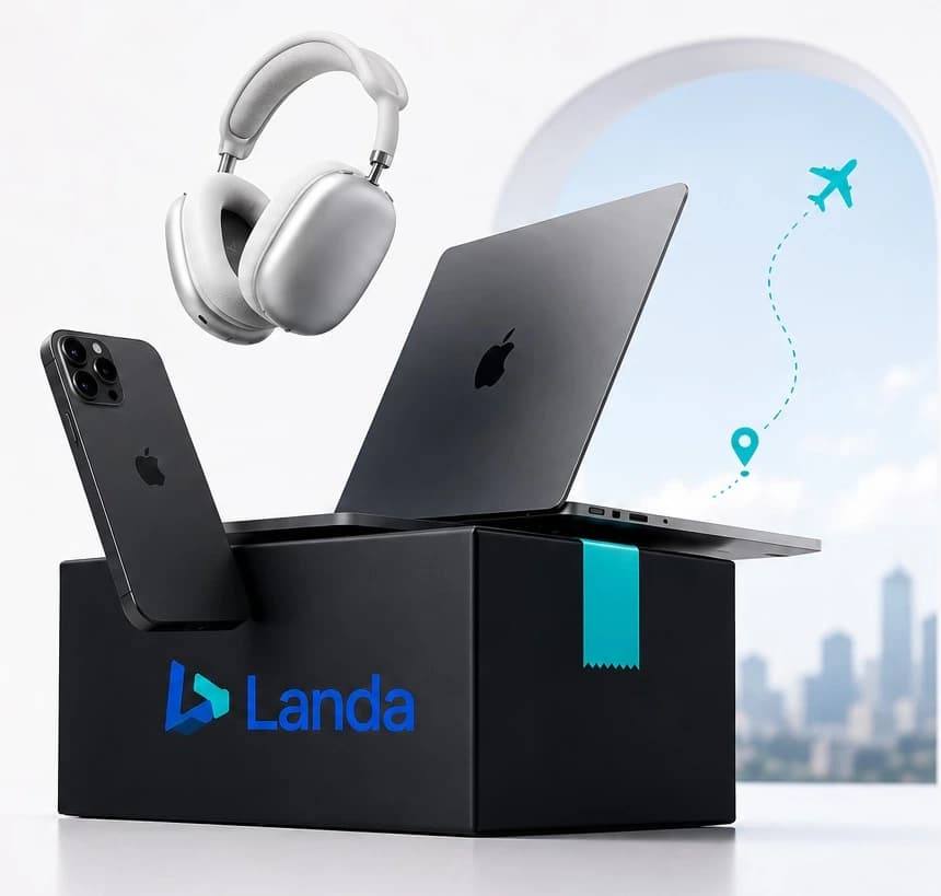 A Landa delivery box containing a MacBook and iPhone with floating headphones, beside a flight path to a city skyline